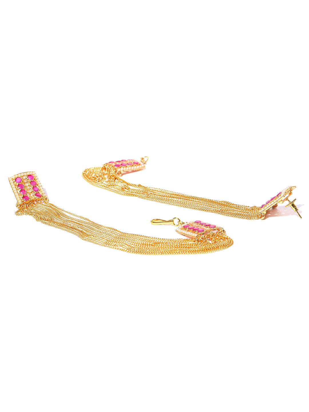 YouBella Gold-Toned  Pink Geometric Studs with Ear Chains